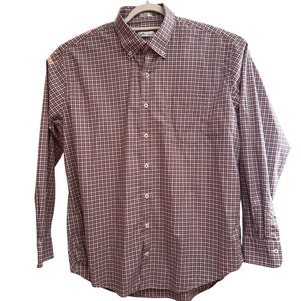 Peter Millar Men XL Button Down Shirt Plaid Cotton Burgundy Tan Blue Long Sleeve